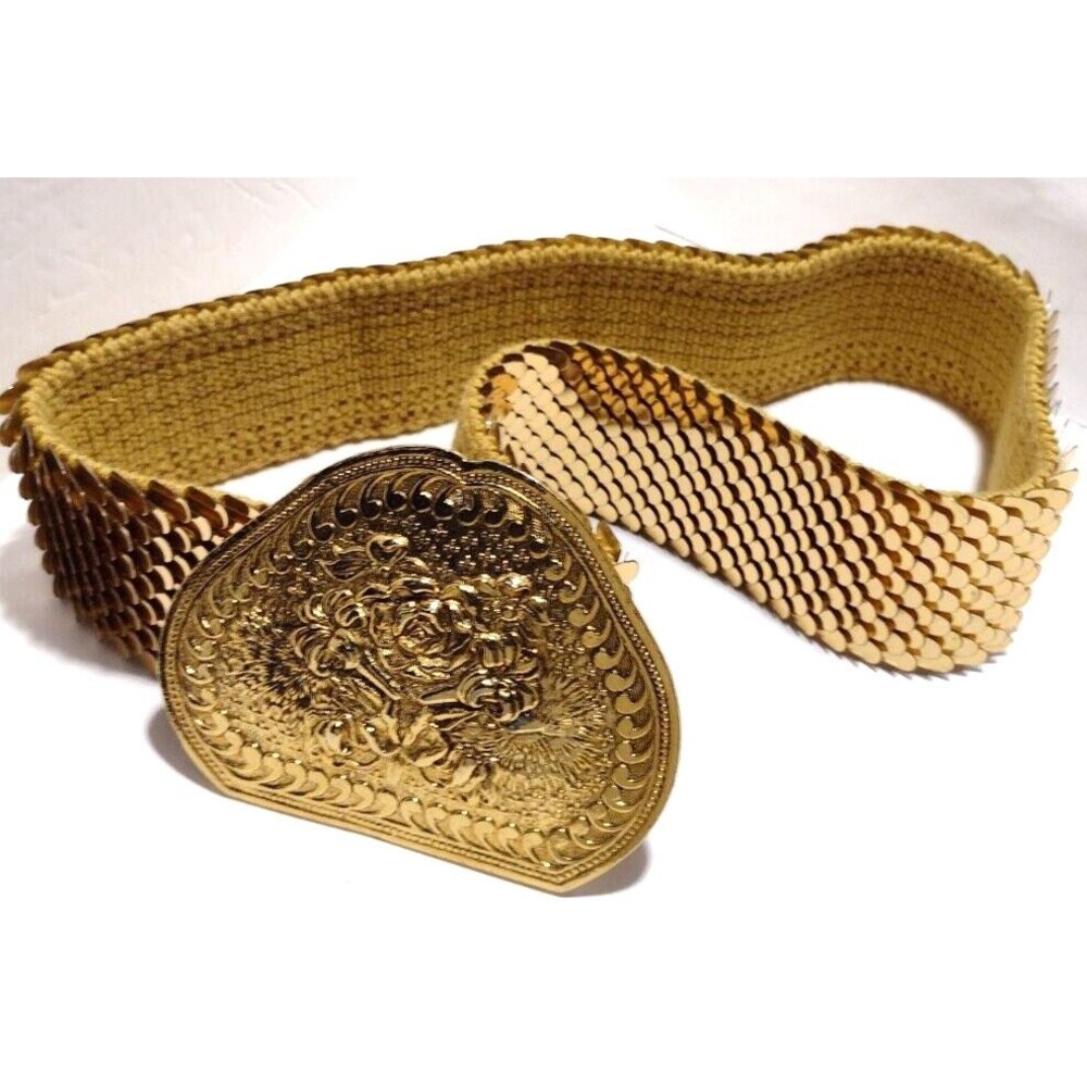 Vintage Gold Toned Rose Floral Embossed Buckle Stretch Belt Metal Scales